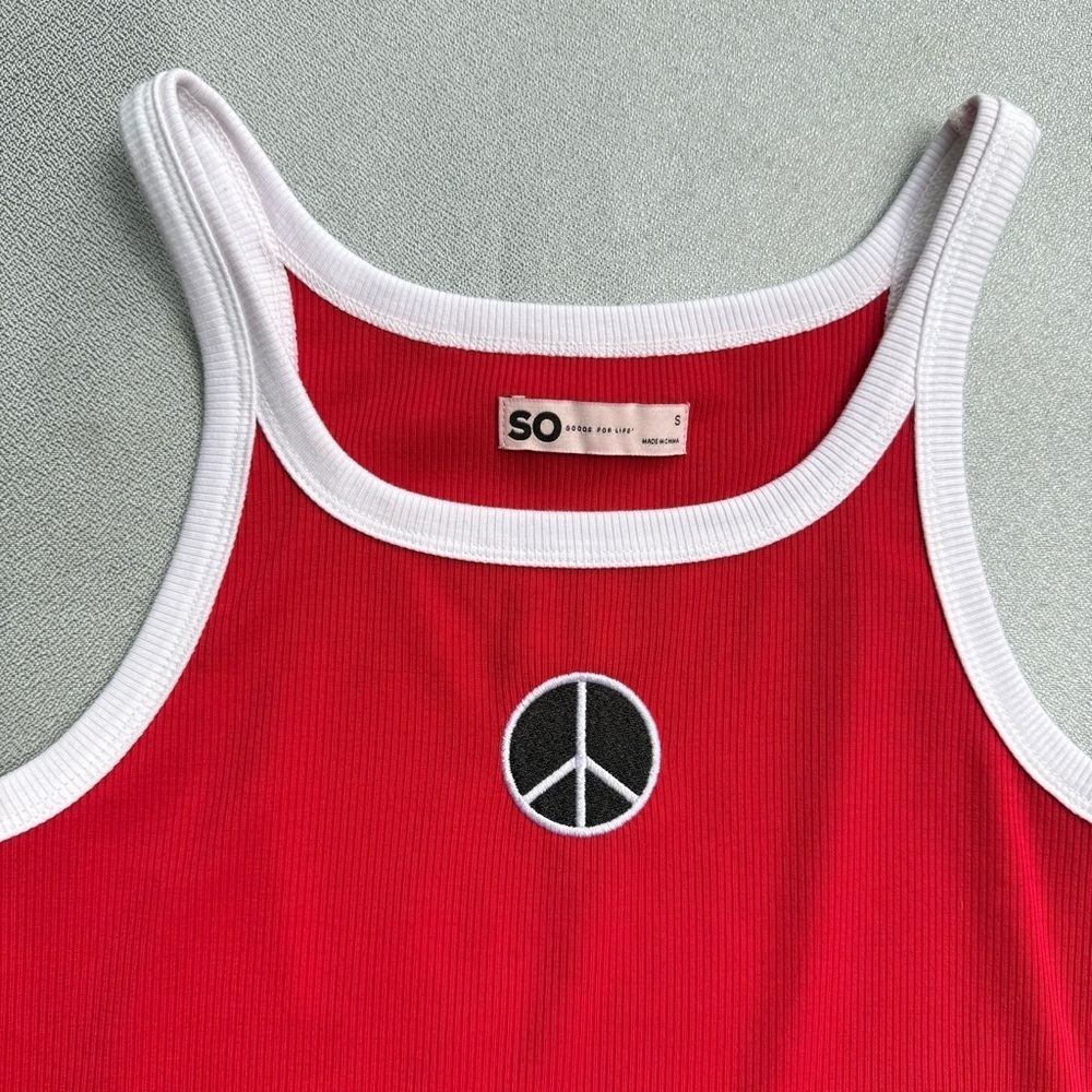SO Goods For Life Women’s Embroidered Peace Sign Ribbed Red Fitted Tank Top S - Picture 2 of 6